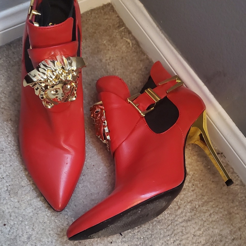 Versace Collection Red Leather Medusa Gold Accent Ankle Booties